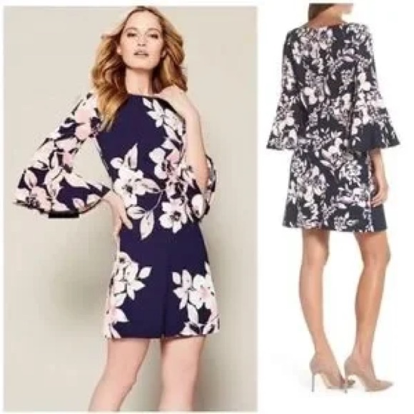 Eliza J Navy Floral Bell Sleeve Dress - Picture 2 of 5